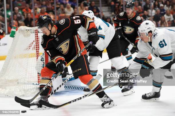 Rickard Rakell of the Anaheim Ducks skates away from Justin Braun of the San Jose Sharks during the third period in Game Two of the Western...