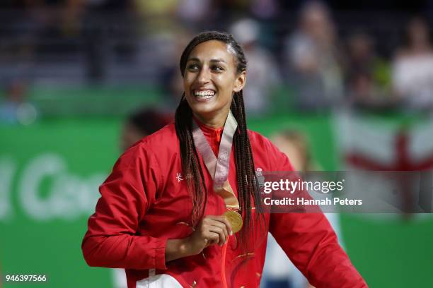 Geva Mentor of England celebrates victory in the Netball Gold Medal Match on day 11 of the Gold Coast 2018 Commonwealth Games at Coomera Indoor...