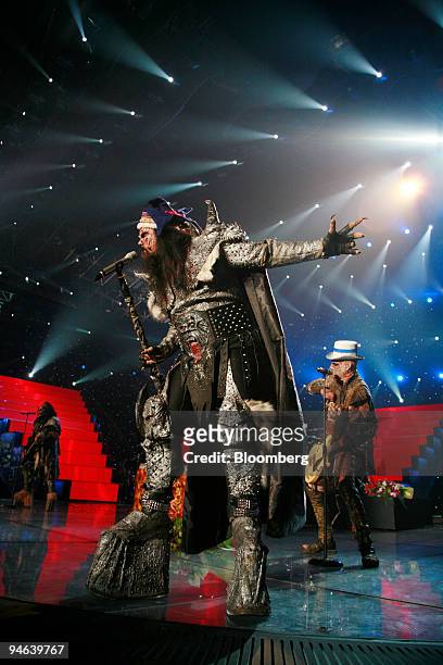 Finland's representative Lordi performs the song 'Hard rock hallelujah' during the finals of the 2006 Eurovision song contest in Athens' Olympic...