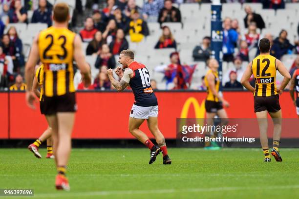Dean Kent of the Demons celebrates kicking a goal during the round four AFL match between the Hawthorn Hawks and the Melbourne Demons at Melbourne...