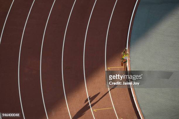 Anneliese Rubie of Australia competes in the Women's 4x400 metres relay final during athletics on day 10 of the Gold Coast 2018 Commonwealth Games at...