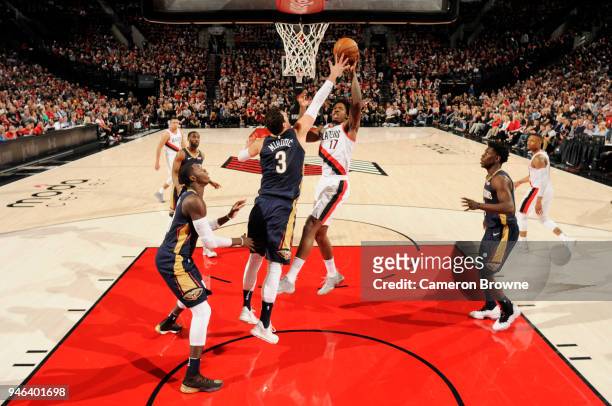 Ed Davis of the Portland Trail Blazers shoots the ball against the New Orleans Pelicans in game one of round one of the 2018 NBA Playoffs on April...