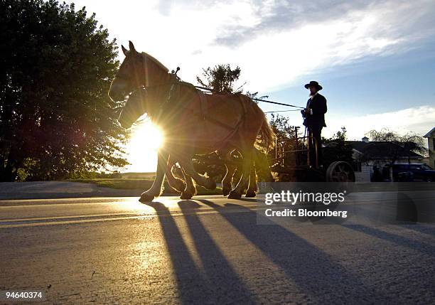 An Amish man drives a team of horses pulling a cart along a highway towards Nickel Mines, Pennsylvania Thursday, October 5, 2006. Funerals for four...