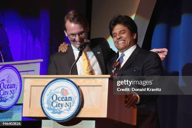 Ocean City Mayor Jay Gillian presents A Piece Of The Walk to Erik Estrada Special Guest and Emcee at the 2018 Mr. Mature America Pageant on The Music...