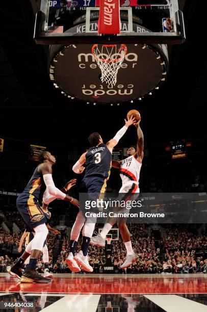 Ed Davis of the Portland Trail Blazers shoots the ball against the New Orleans Pelicans in game one of round one of the 2018 NBA Playoffs on April...