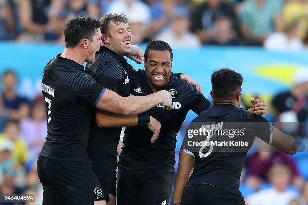 New Zealand celebrate winning the Men's Gold Medal Rugby Sevens Match between Fiji and New Zealand on day 11 of the Gold Coast 2018 Commonwealth...