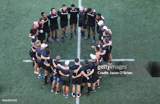 New Zealand celebrtae winning gold in the Mens Final against Fiji during Rugby Sevens on day 11 of the Gold Coast 2018 Commonwealth Games at Robina...