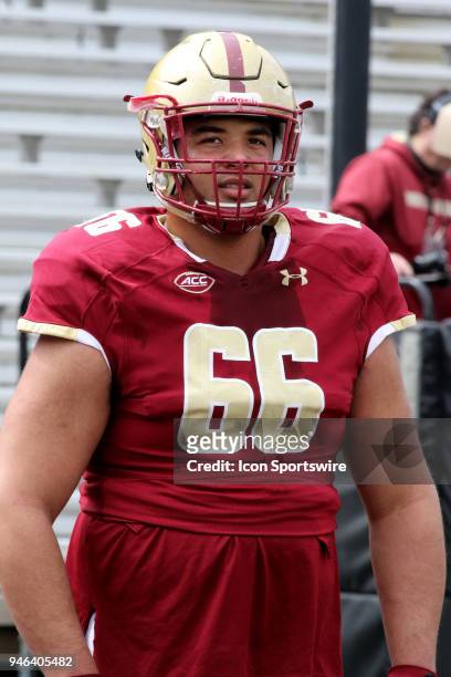 Offensive Lineman, Anthony Palazzolo participates in pre-game activities for the Boston College Jay McGillis Memorial Spring Game on April 14 at...