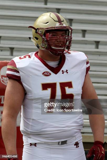 Offensive Lineman Chris Lindstrom participates in pre-game activities for the Boston College Jay McGillis Memorial Spring Game on April 14 at Alumni...