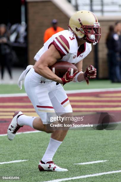 Michael Walker returns a kick off during the Boston College Jay McGillis Memorial Spring Game on April 14 at Alumni Stadium in Chestnut Hill,...