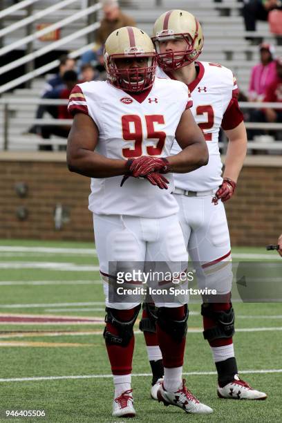 Defensive lineman Taylor Hill gets ready to line up during the Boston College Jay McGillis Memorial Spring Game on April 14 at Alumni Stadium in...