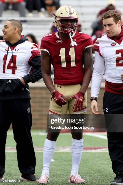 Wide Receiver CJ Lewis during warm ups for the Boston College Jay McGillis Memorial Spring Game on April 14 at Alumni Stadium in Chestnut Hill,...