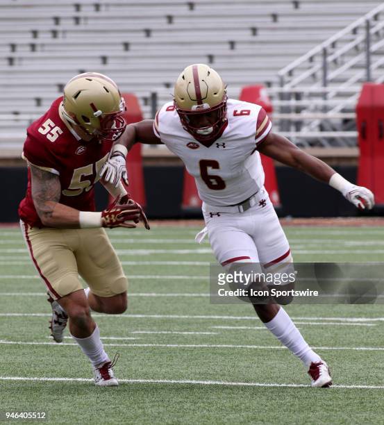 Linebacker Isaiah McDuffie covers Wide Receiver Jeff Smith during the Boston College Jay McGillis Memorial Spring Game on April 14 at Alumni Stadium...