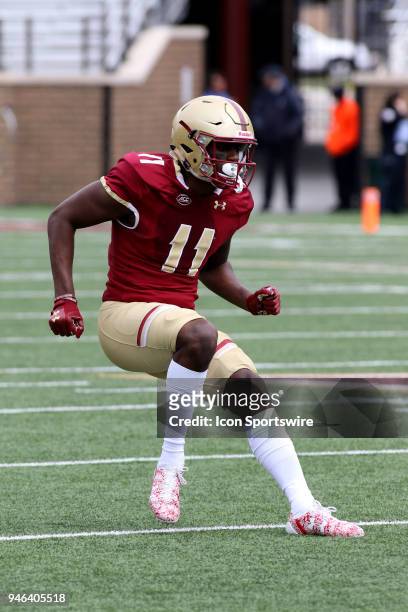 Wide Receiver CJ Lewis makes a hard cut during the Boston College Jay McGillis Memorial Spring Game on April 14 at Alumni Stadium in Chestnut Hill,...