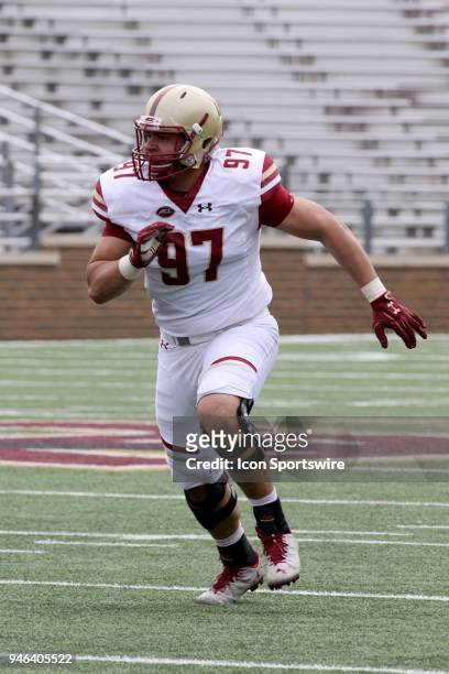 Defensive End James Levere rushes during the Boston College Jay McGillis Memorial Spring Game on April 14 at Alumni Stadium in Chestnut Hill,...