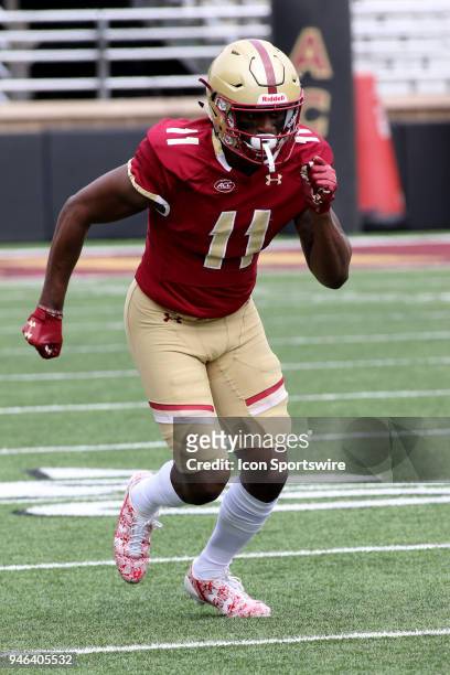 Wide Receiver CJ Lewis heads down field during the Boston College Jay McGillis Memorial Spring Game on April 14 at Alumni Stadium in Chestnut Hill,...