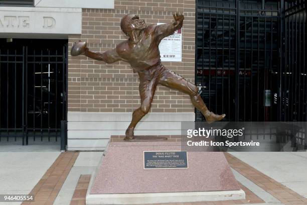The Doug Flutie, Heismann Trophy winner, Hail Mary statue outside the stadium during the Boston College Jay MCGillis Memorial Spring Game on April 14...