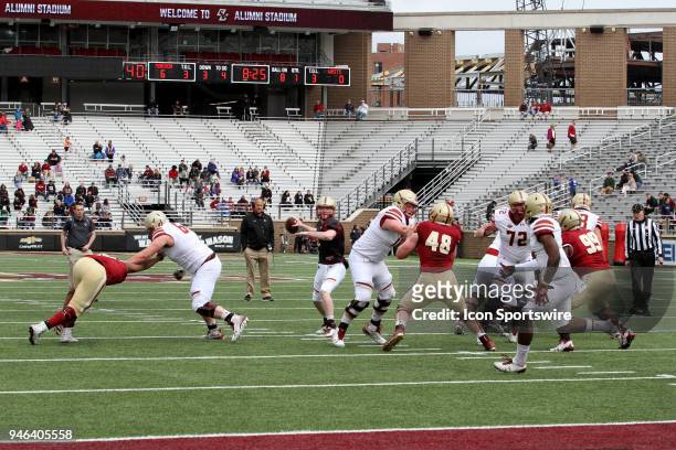 Perry sets to throw during the Boston College Jay MCGillis Memorial Spring Game on April 14 at Alumni Stadium in Chestnut Hill, Massachusetts.