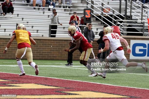 Linebacker Jimmy Martin chases Wide Receiver Noah Jordan-Williams into the end zone during the Boston College Jay MCGillis Memorial Spring Game on...