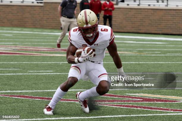 Wide Receiver Kobay White makes a hard cut during the Boston College Jay McGillis Memorial Spring Game on April 14 at Alumni Stadium in Chestnut...