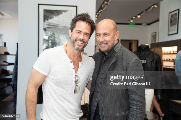 Actor Shawn Christian and designer John Varvatos pose for a photo at the John Varvatos West Hollywood Store on April 14, 2018 in West Hollywood,...
