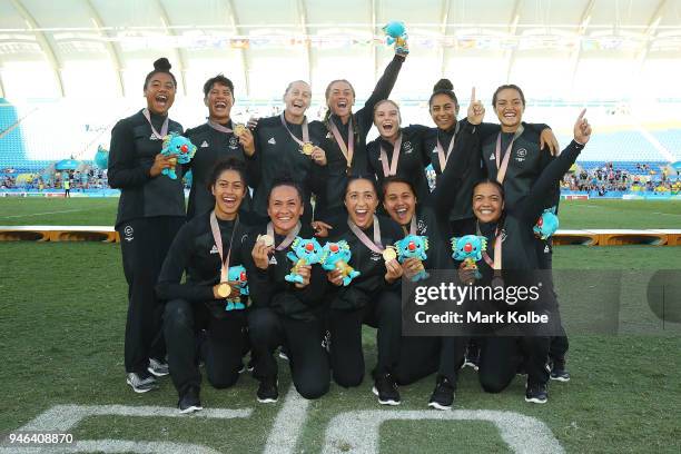 Gold medalists New Zealand pose during the medal ceremony for the Women's Gold Medal Rugby Sevens Match between Australia and New Zealand on day 11...