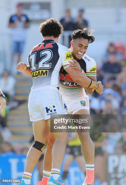 Corey Harawira-Naera of the Panthers celebrates a try with Christian Crichton during the round six NRL match between the Penrith Panthers and the...