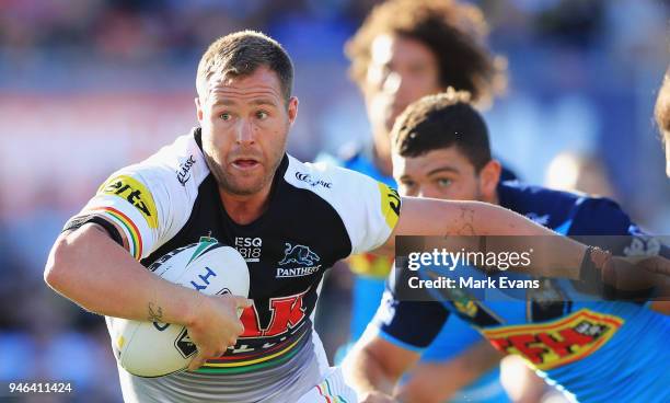 Trent Merrin of the Panthers runs with the ball during the round six NRL match between the Penrith Panthers and the Gold Coast Titans on April 15,...