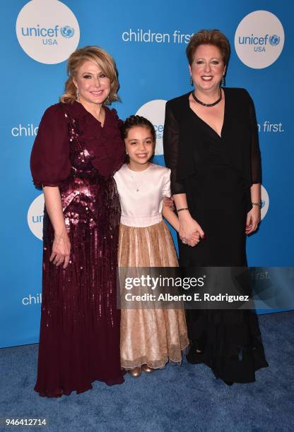 Ghada Irani, Bana al-Abed and Caryl M. Stern attend the 7th Biennial UNICEF Ball at the Beverly Wilshire Four Seasons Hotel on April 14, 2018 in...