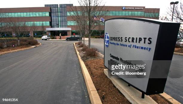 Sign stands outside the entrance to Express Scripts' corporate headquarters in Earth City, in the suburbs of St. Louis, Missouri, Monday, December...