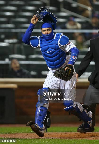 Travis d'Arnaud of the New York Mets in action against the Philadelphia Phillies during a game at Citi Field on April 3, 2018 in the Flushing...