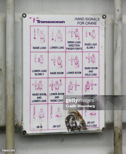 Transocean chart illustrating "hand signals for crane" hangs aboard the Discoverer Deep Seas, a Transocean deepwater drill ship, Monday, December 11...