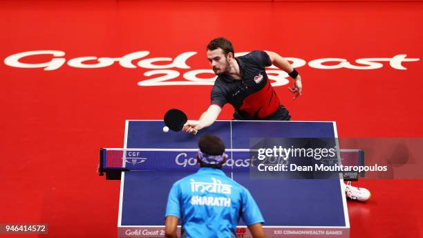 Samuel Walker of England competes during Table Tennis Men's Singles Bronze Medal match between Sharath Achanta of India and Samuel Walker of England...