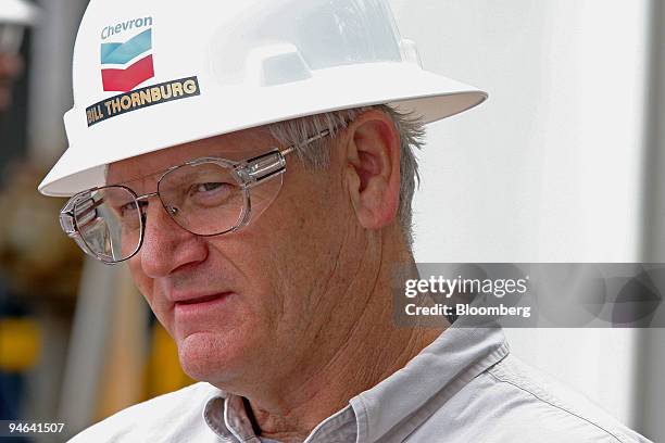 Bill Thornburg, senior drill site manager for Chevron Corp. At their Tahiti field, speaks to a reporter aboard the Transocean deepwater drill ship...