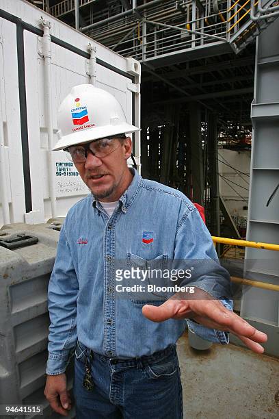 Donald LeGros, drill site manager for Chevron Corp. At their Tahiti field, speaks to a reporter aboard the Transocean deepwater drill ship Discoverer...