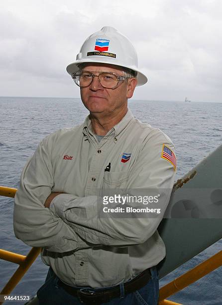 Bill Thornburg, senior drill site manager for Chevron Corp. At their Tahiti field, poses for a photograph aboard the Transocean deepwater drill ship...