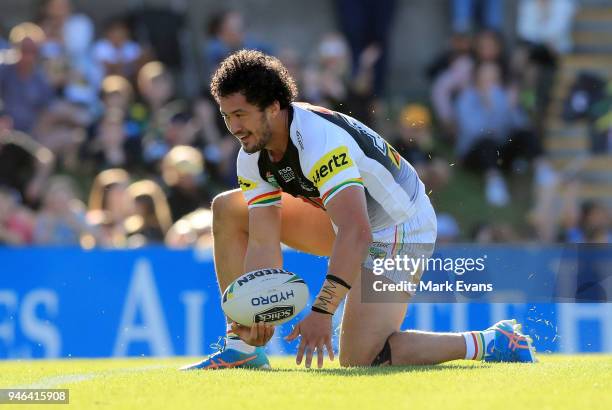 Corey Harawira-Naera of the Panthers scores a try during the round six NRL match between the Penrith Panthers and the Gold Coast Titans on April 15,...