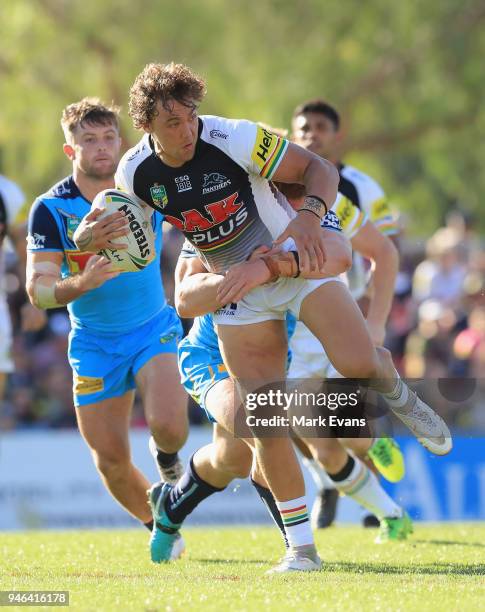 James Fisher-Harris of the Panthers is tackled during the round six NRL match between the Penrith Panthers and the Gold Coast Titans on April 15,...