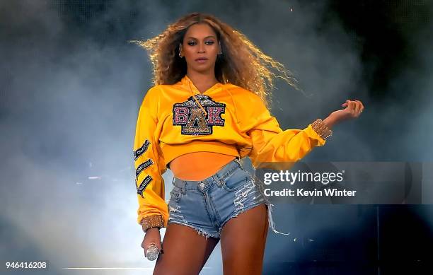 Beyonce Knowles performs onstage during 2018 Coachella Valley Music And Arts Festival Weekend 1 at the Empire Polo Field on April 14, 2018 in Indio,...