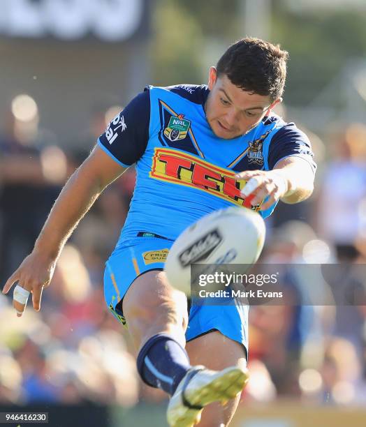 Ash Taylor of the Titans kicks the ball during the round six NRL match between the Penrith Panthers and the Gold Coast Titans on April 15, 2018 in...