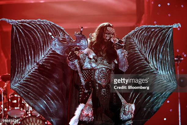 Lordi, a hard rock band from Finland and the country's representative in the Eurovision song contest held in Athens, Greece, performs onstage at the...
