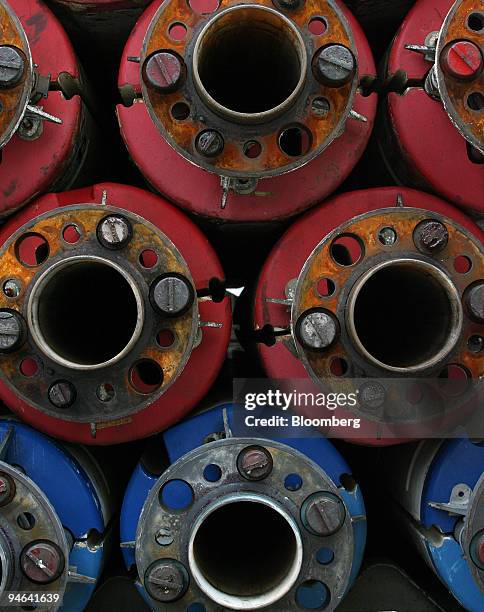 Flotation risers, each 75 feet in length, are stacked in a pile aboard the Discoverer Deep Seas, a Transocean deepwater drill ship, Monday, December...