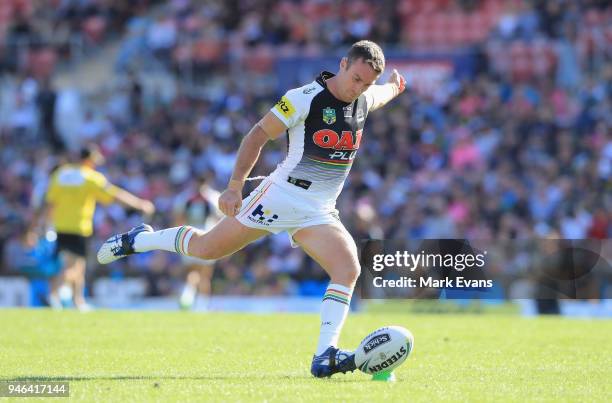 James Maloney of the Panthers converts a try during the round six NRL match between the Penrith Panthers and the Gold Coast Titans on April 15, 2018...