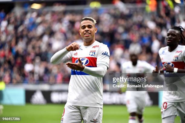 Mariano Diaz of Lyon celebrates scoring during the Ligue 1 match between Lyon and Amiens at Parc Olympique on April 14, 2018 in Lyon, .