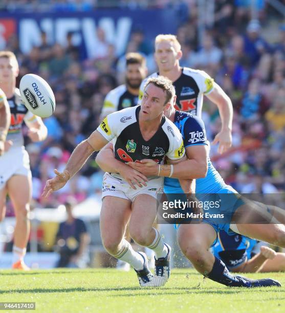 James Maloney of the Panthers passes the ball during the round six NRL match between the Penrith Panthers and the Gold Coast Titans on April 15, 2018...