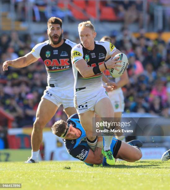 Peter Wallace of the Panthers is tackled during the round six NRL match between the Penrith Panthers and the Gold Coast Titans on April 15, 2018 in...