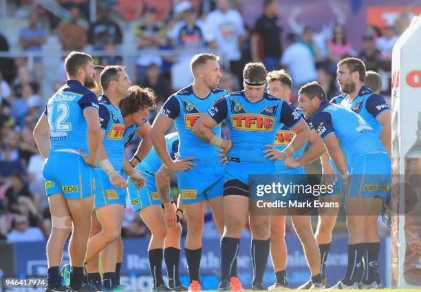 The Titans look on after a Panthers try during the round six NRL match between the Penrith Panthers and the Gold Coast Titans on April 15, 2018 in...