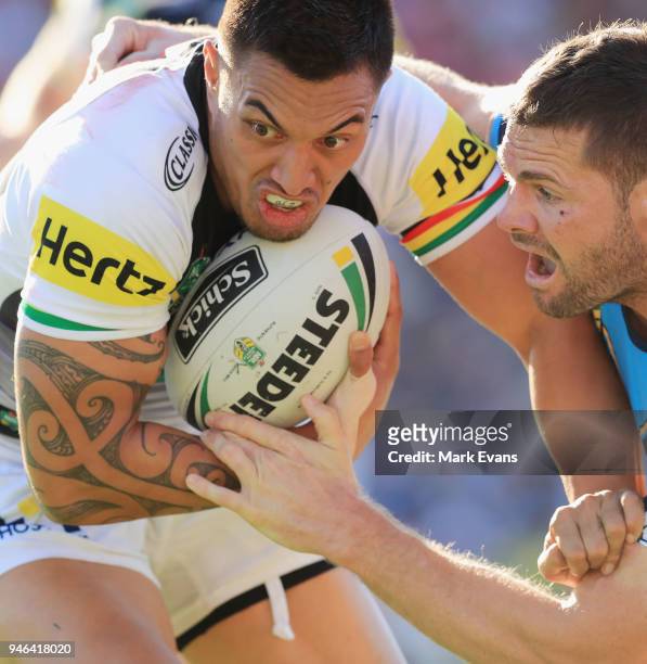 Dean Whare of the Panthers runs with the ball during the round six NRL match between the Penrith Panthers and the Gold Coast Titans on April 15, 2018...