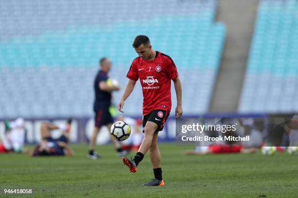 Steven Lustica of the Western Sydney Wanderers warms up before the round 27 A-League match between the Western Sydney Wanderers and Adelaide United...