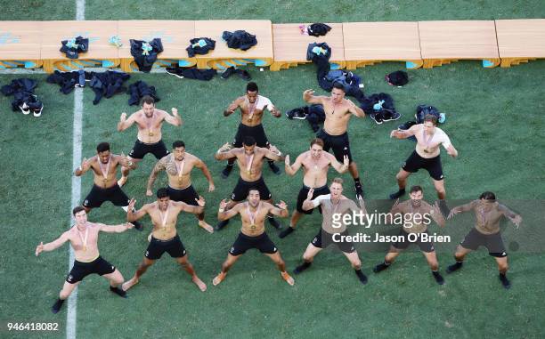 New Zealand celebrate winning the Gold Medal by performing the Haka during Rugby Sevens on day 11 of the Gold Coast 2018 Commonwealth Games at Robina...